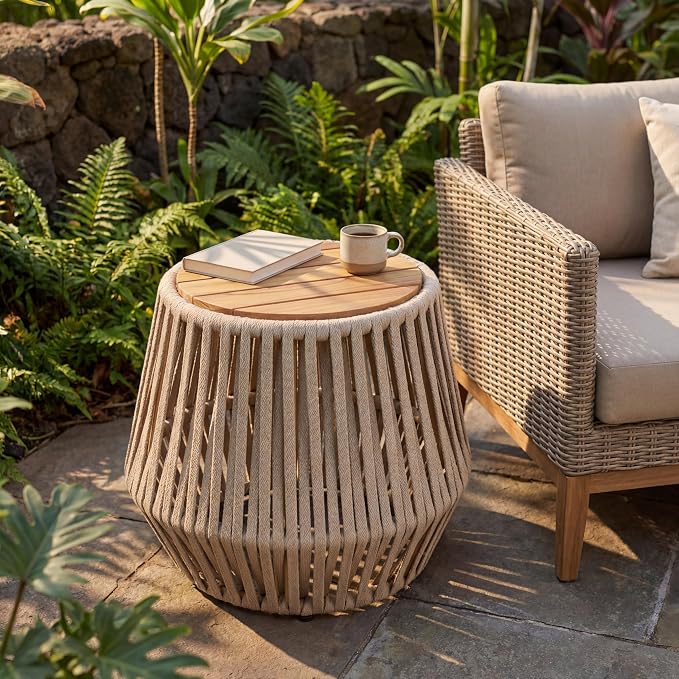 Outdoor Side End Table for Patio with Rope and Acacia Wood, Small Round Patio Table, Outside Boho Accent Table for Backyard Balcony Gazebo Party, Beige