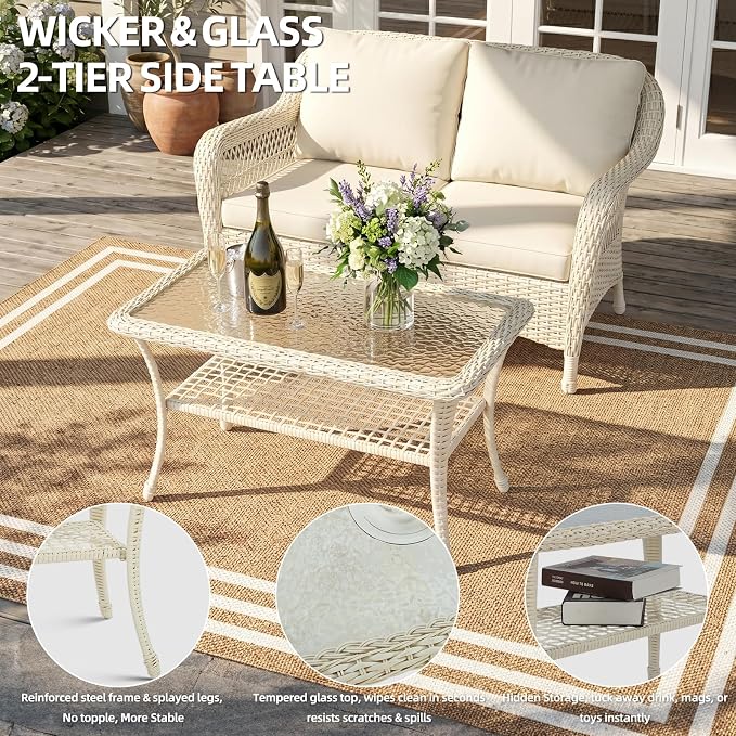 MEETWARM Wicker Patio Coffee Table, 34.5" Rectangle Outdoor Coffee Table with Tempered Glass Top and 2-Tier Storage Shelf, All-Weather Rattan Patio Side Table for Outside Poolside Garden, Cream White