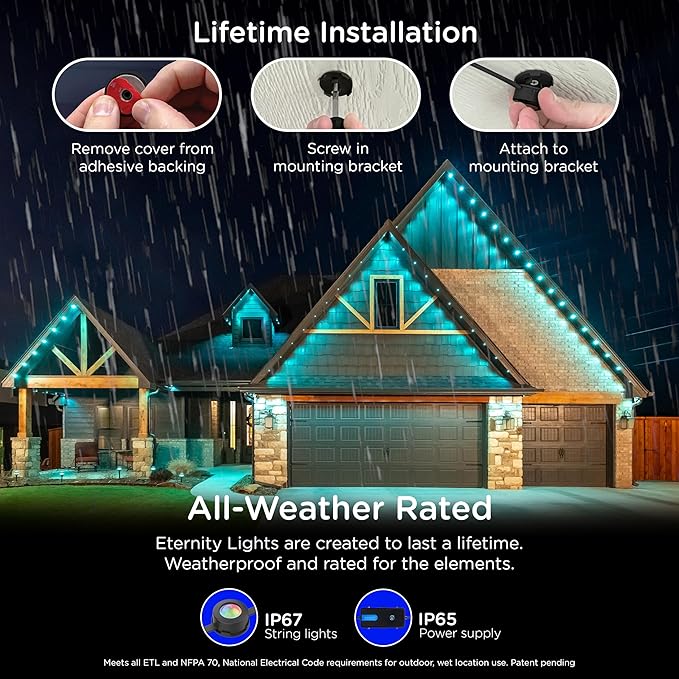 Enbrighten Eternity Permanent Outdoor Lights, 100ft, 72 Lights, Smart | Black Cord, RGBWIC LEDs, Weatherproof, Cuttable, Link to 200ft, Christmas, App Control, Works with Alexa & Google Home