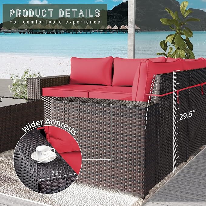 13 PCS Outdoor Patio Furniture Set,Outdoor Sectional Furniture with 43" 55000 BTU Gas Propane Fire Pit Table,All Weather PE Rattan Wicker Patio Conversation Set,Red