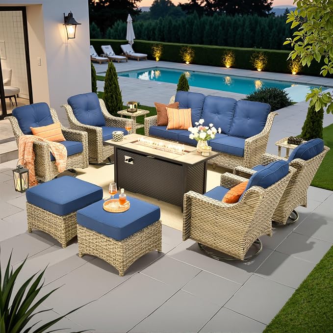 10 PCS Outdoor Patio Furniture Sets, Patio Conversation Sets Outside Rattan Soft Cushion Sofa with 4 Wicker Rocking Chairs & 54 in Fire Pit Table Fit Backyard Porch Garden Poolside Balcony,Navy Blue