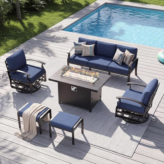 Aluminum Patio Furniture Set with Fire Pit Table, 7 Seats Outdoor Patio Conversation Sets with Swivel Chairs, Modern Metal Sectional Sofa with Upgrade Cushions for Patio, Backyard, Deck - Blue