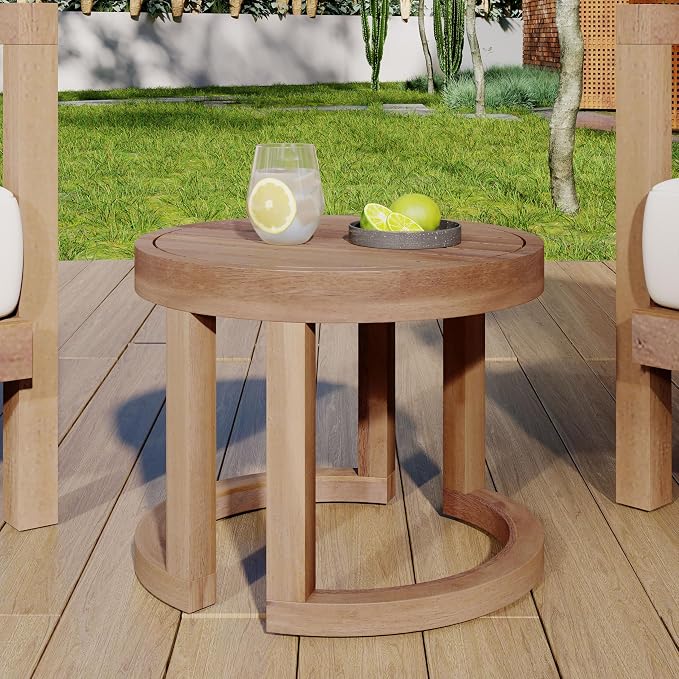 Round Acacia Wood Outdoor Side Table, Small Patio Accent End Table Circular Slat Top Support Frame Side Table for Backyard Garden Pool Balcony Porch Deck Natural Wooden Outdoor Coffee Table