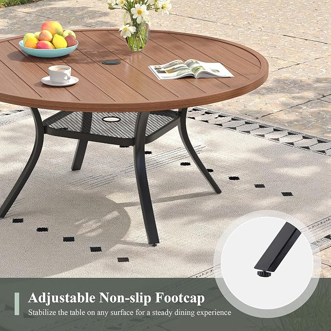 7 Pieces Outdoor Dining Set, 47.2" Round Table with Umbrella Hole & Stackable Patio Dining Chairs, Patio Table and Chairs Set for Deck Garden Porch, Brown Chairs & Walnut Table