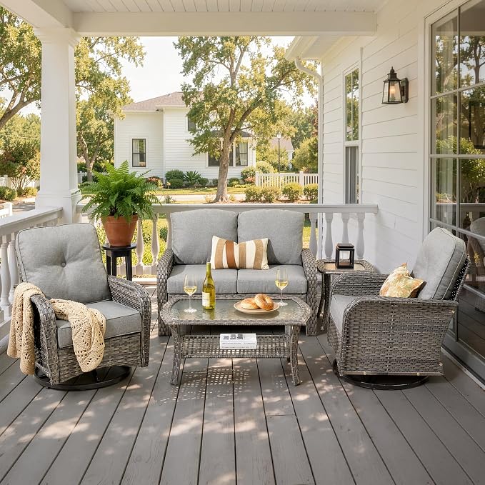 5-Piece Patio Furniture Set, Outdoor Wicker Furniture with Coffee Table, High Back Swivel Rocker Patio Chairs, Modern Rattan Outdoor Chairs Conversation Set for Porch, Balcony, Garden, Dark Gray