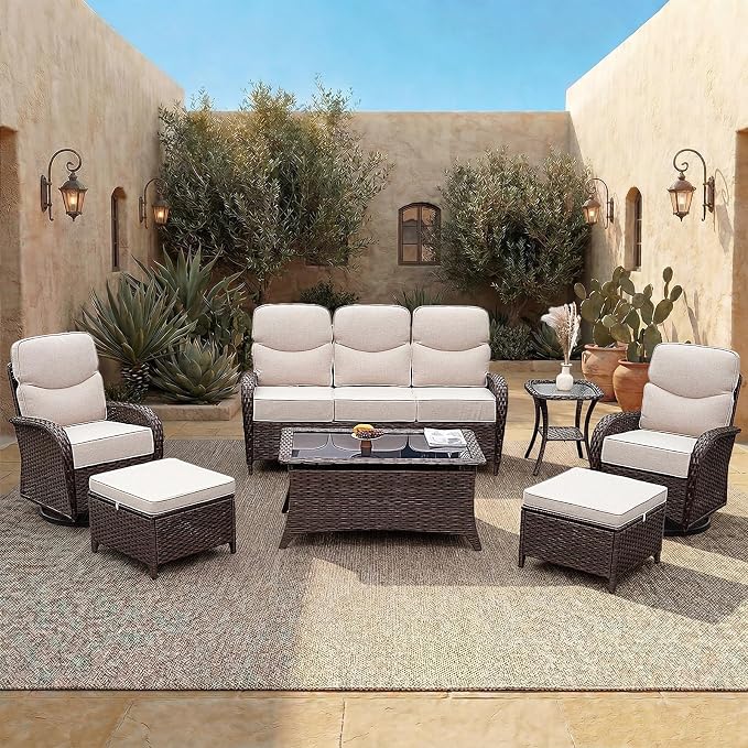 Patio Furniture Set with Luxury 6" Cushions, 7 Pieces High Back Swivel Rocking Patio Chairs, Couch and Ottoman, Outdoor Wicker Conversation Set for Deck, Porch, Backyard, Poolside, Beige