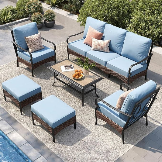 PHI VILLA Patio Furniture Set, Upgraded Wicker & Metal Modern Outdoor Conversation Sets Patio Sectional Fixed Chair Set with Coffee Table & Waterproof Thick Cushions for Porch, Deck(6 Pieces, Blue)