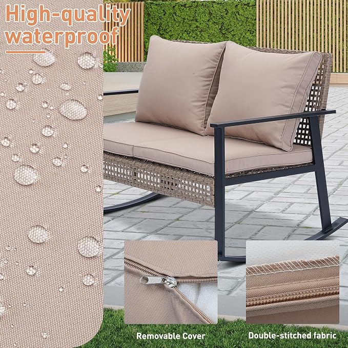 Ainfox Outdoor Wicker Loveseat Rocking Chair, Patio Rattan Rocker Chair with Cushions，All-Weather Modern Cozy Rocking Wicker Furniture for Garden Backyard Porch, Khaki