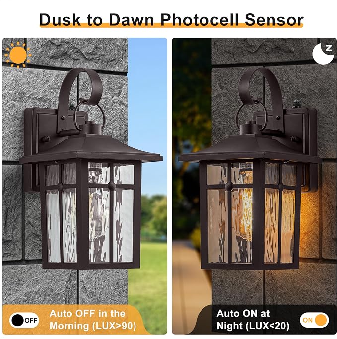 2 Pack Dusk to Dawn Outdoor Wall Lights, Bronze Porch Lanterns | Aluminum Garage Light, Ripple Glass, Weather Resistant, For Garage Patio Entryway