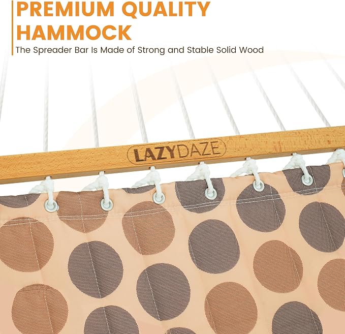 Lazy Daze Hammocks 12FT Quilted Fabric Hammock with Soft Pillow, Double 2 Person Tree Hammock with Spreader Bar for Outside Patio Poolside Backyard Beach, 450 lbs Capacity, Amber Dots
