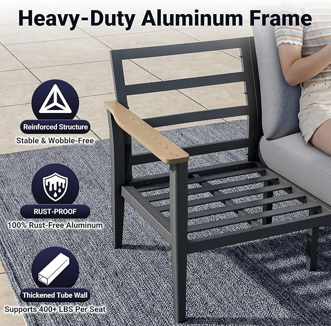 Aluminum Outdoor Patio Furniture Set, 4-Piece Outdoor Sofa with 5.1" Thick Cushions, 55,000 BTU Propane Fire Pit Table, Outdoor Couch for Balcony, Porch, Gray