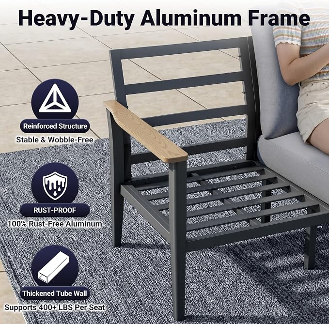 Aluminum Outdoor Patio Furniture Set, 6-Piece Outdoor Sofa with 5.1" Thick Cushions, Swivel Rocking Chairs, Outdoor Couch with Ottomans, for Porch, Garden, Gray