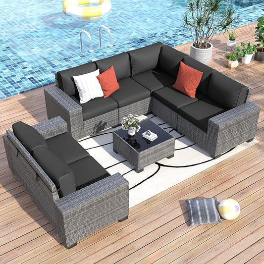 Outdoor Patio Furniture Set, 8‘’ Wide armrest Outdoor Sectional Rattan Sofa Set, Wicker Patio Furniture Sets w/Coffee Table,Thick Cushions for and Cover for Porch, Deck,8 PCS(Grey&Black)