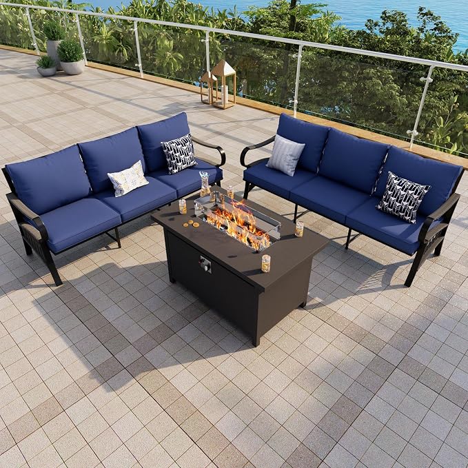Outdoor Furniture Set, Patio Conversation Set Include 2 x 3-Seater and Fire Pit Table for Deck, Porch, Garden, Backyard, Poolside (Blue, 3-Piece)