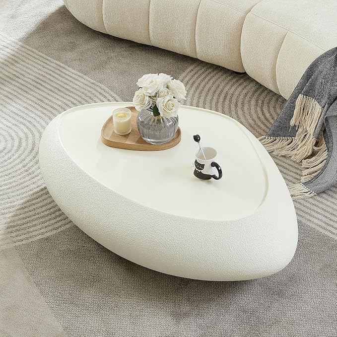 47" Modern Coffee Table Faux Stone Coffee Table Unique Rock Center Tables Round Edge Design Accent Tables for Living Room Office Apartment No Assembly,Fiberglass, Cream White