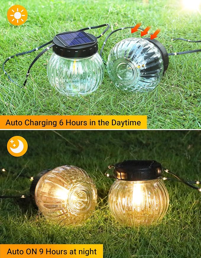 Solar Lights Outdoor Waterproof 12-Pack, Solar Powered Hanging Lantern Ribbed Glass Hanging Globes for Yard Decor Christmas Decoration, Shepherd Hook, Garden Tree Ornaments, Clear