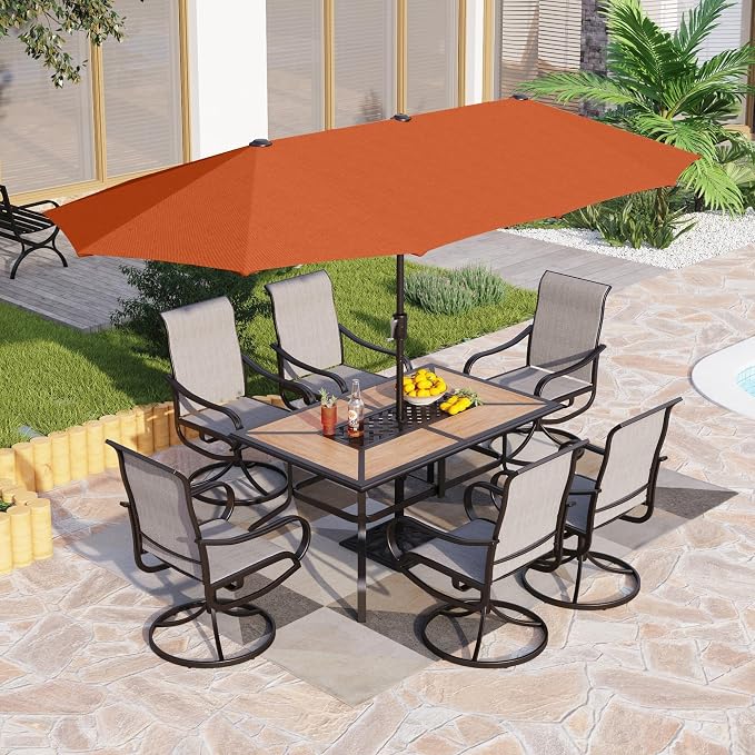 PHI VILLA 8 Pc Outdoor Dining Set with 13ft Umbrella, Swivel Mesh Chairs | 60'' wood-look rectangular table, 6 grey patio textilene chairs and 13ft orange red umbrella(NO BASE) for deck, garden, yard
