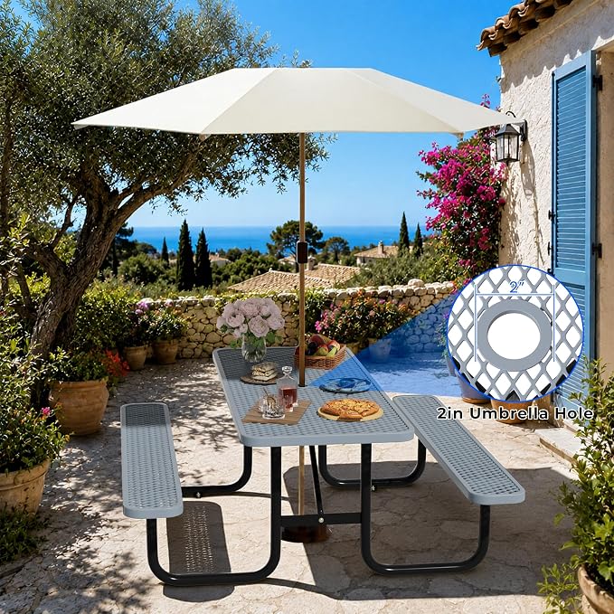 6FT Rectangular Steel Outdoor Picnic Table, Commercial Picnic Table Bench Set with Umbrella Hole, Weather-Resistant Heavy Duty School Dining Table for Stores, Park, Patio, Garden, Backyard, Grey