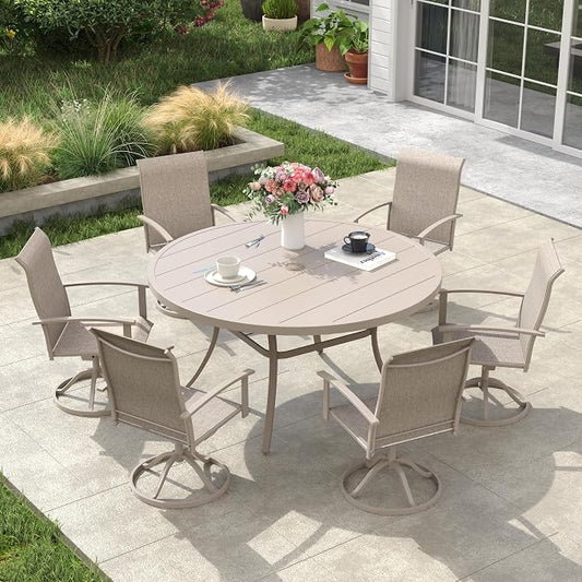 VICLLAX Outdoor Table and Chairs Set for 6, Patio Dining Set of 50 Metal Round Patio Table with Umbrella Hole & 6 Swivel Outdoor Dining Chairs for Backyard Lawn, Sandshell