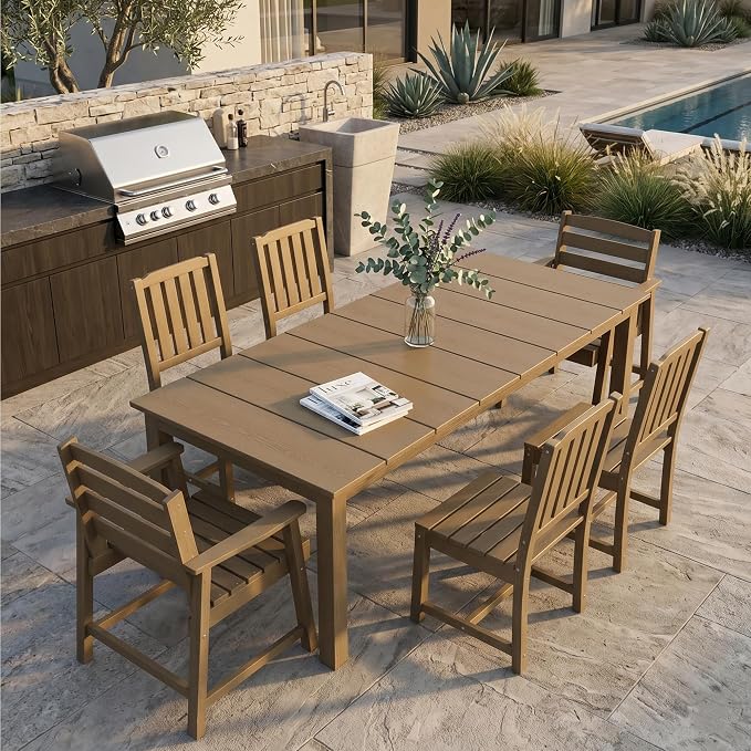 PLUUV 7-Piece Outdoor Patio Dining Set, All-Weather HDPE Dining Furniture Set with Umbrella Hole Cut-Out Table, Aluminum Table Legs, and 6 Chairs, Waterproof & Easy Clean for Backyard, Garden, Brown