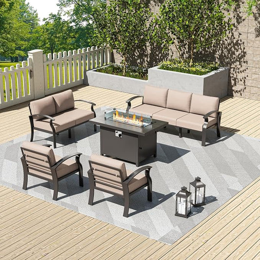 Kullavik Aluminum Patio Furniture Set,5 Piece Modern Metal Outdoor Patio Furniture w/5.1'' Thick Cushion and 45" Propane Fire Pit Table,Patio Conversation Sets for Porch,Deck,Sand