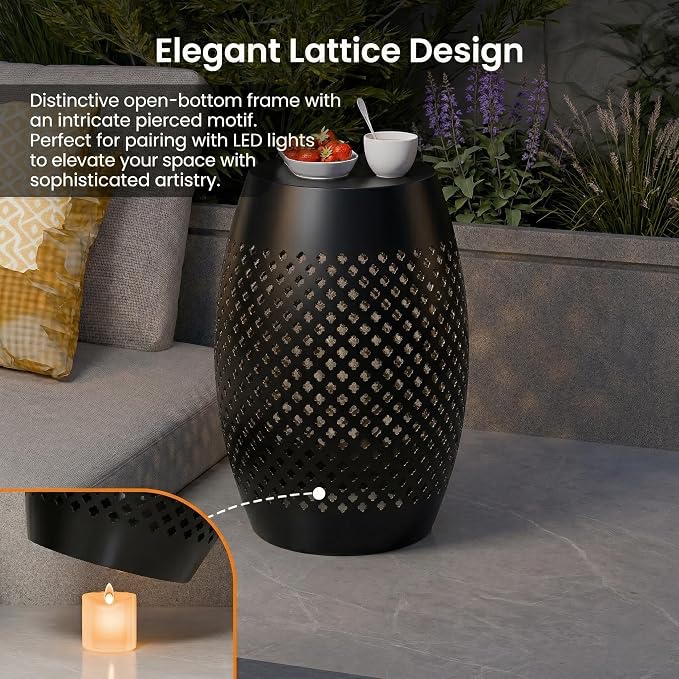 12.5" Metal Outdoor Side Table, Round Hollow Drum Patio End Table with Lattice Pattern, Modern Steel Accent Table for Garden, Balcony, Poolside and Indoor, No Assembly, Black, 18" H