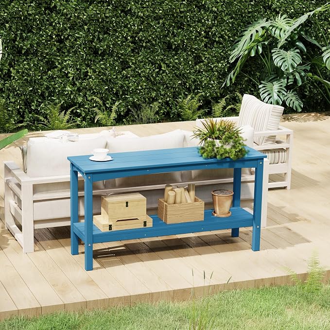 Costaelm Outdoor Plant Stand, 2-Tier Small Outdoor Table, Outdoor Side Tables for Patio or Indoor, Patio Table for Pool, Porch, Weather Resistant Easy Maintenance, Pacific Blue
