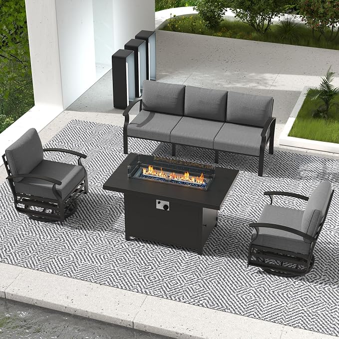 Aluminum Outdoor Patio Furniture Set,4 Pieces 5 Seats Patio Conversation Sets with 45" Propane Fire Pit Table,Metal Patio Sectional Furniture Set with 2 Swivel Rocking Chairs,Grey