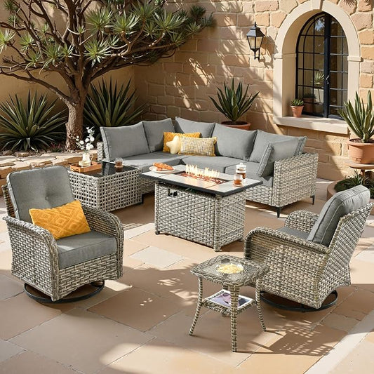 Outdoor Sectional Patio Furniture Set,9 Pieces All Weather Rattan Wicker Conversation Sets with Fire Pit,Out Door Furniture with Swivel Chairs Glowing Coffee Table,Dark Grey