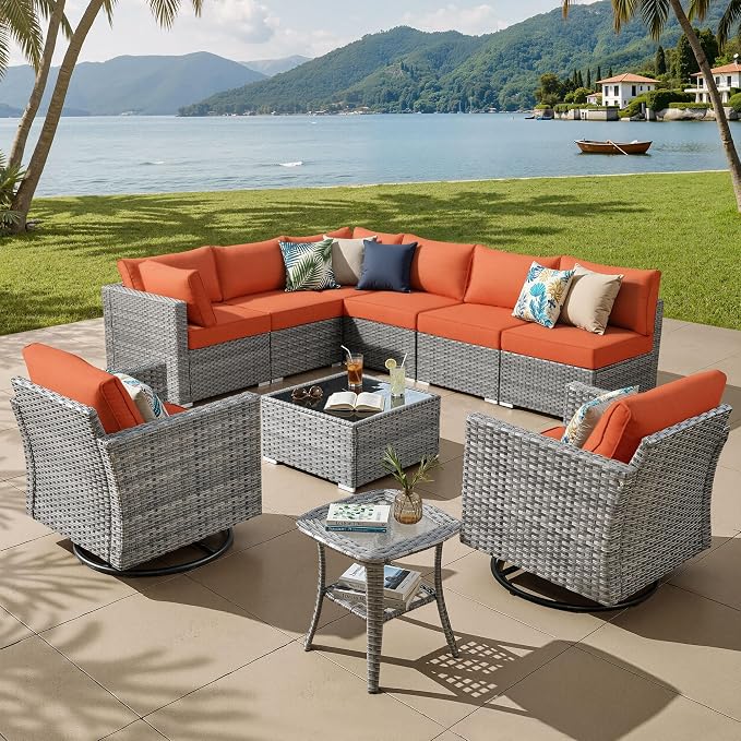 ovios Outdoor 10 Piece Coversation Set with Swivel Rocking Chair,Sectional Patio Furniture Set with All-Weather Wicker Sofa,Modern Outside Couch for Balcony Backyard Pool, Orange