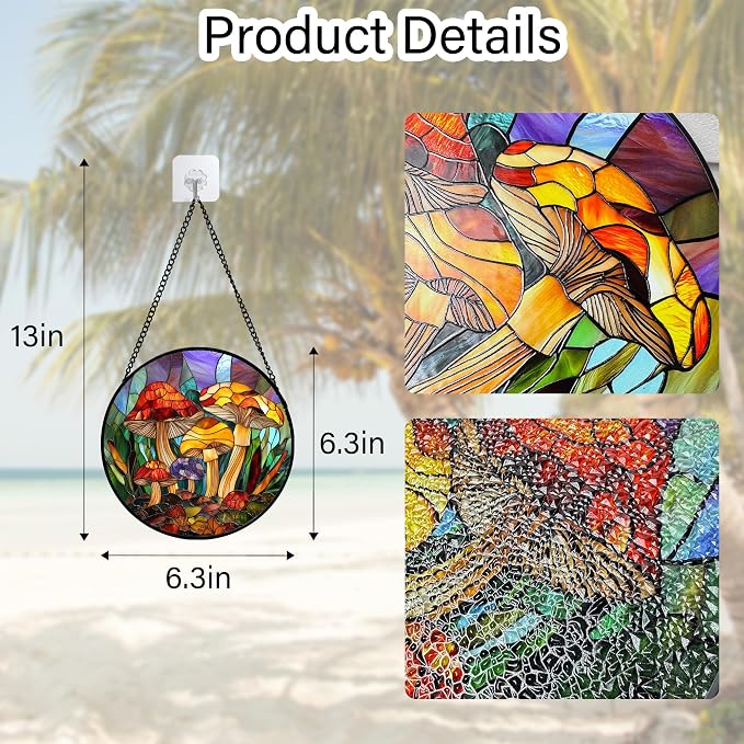 DASTOLL Stained Glass Window Hanging, Jungle Mushrooms Sun Catchers Diamond Glass Panel Hangings Plant Suncatcher Decor for Birthday for Women,Men, Wife, Aunt,and Mom 6.3X6.3 in