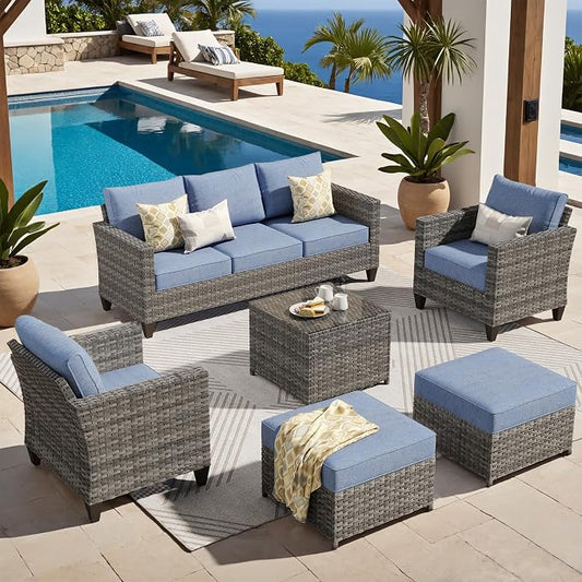 ovios 6 Pieces Patio Furniture Set, Outdoor Wicker Sofa Couch with Glass Table Comfy Cushions, All Weather Grey Rattan Conversation Set for Backyard Deck Porch, Denim Blue