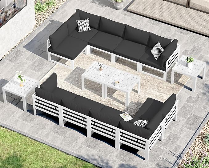 NICESOUL Large Luxury Aluminum Outdoor Sectional Sofa with Side Table, Weather Resistant Modular Patio Furniture Set for 10 People, 500 lbs Heavy Duty Conversation Couch for Poolside Lawn, Black