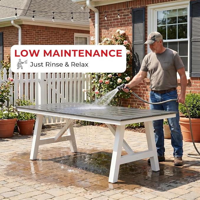 Costaelm Rectangle Patio Table, 8-Person Backyard Table 90" HDPE Dining Table with Umbrella Hole and Metal Frame for Outside, Garden, Poolside, Deck, Porch, Balcony, Gray