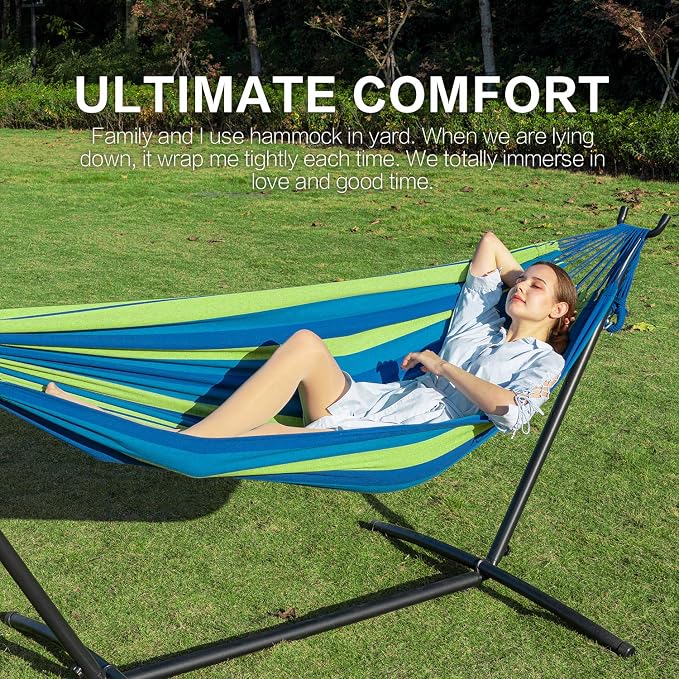 PNAEUT Double Hammocks with Stand for Outside, Portable Space Saving Heavy-Duty Steel Stand for Indoor Outdoor Patio with Sidebag, 450 lbs Capacity (Blue)