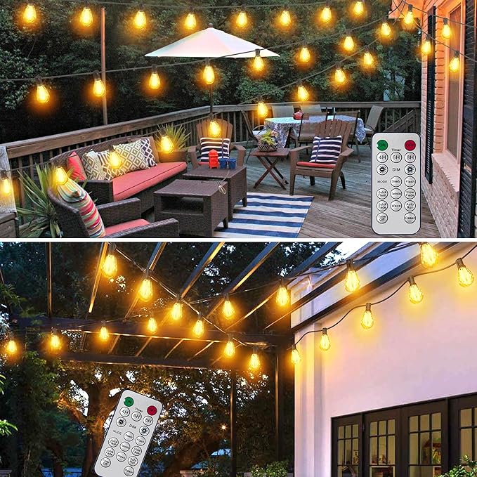 BLIATLUS 50FT Solar String Lights Outdoor Remote 17 Shatterproof LED Bulbs | Waterproof Remote Control Solar Lights Porch Garden Market Bistro Patio Backyard Fence