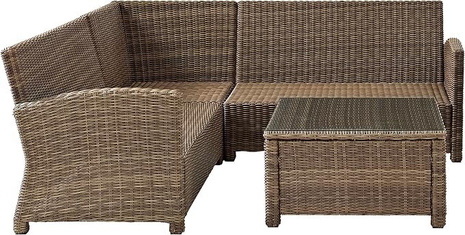 Crosley Furniture Bradenton 4-Piece Outdoor Sectional Sofa Wicker Conversation Patio Furniture Set for Deck, Brown with Gray Cushions