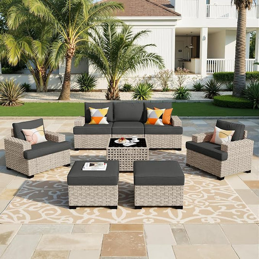 Weaxty 8 Pieces Outdoor Furniture Set, Patio Sectional Sofa Wide Seats Couch Chair with Ottoman Solar Table, Thick Cushion All-Weather Rattan Patio Conversation Sets for Backyard Porch Deck, Black