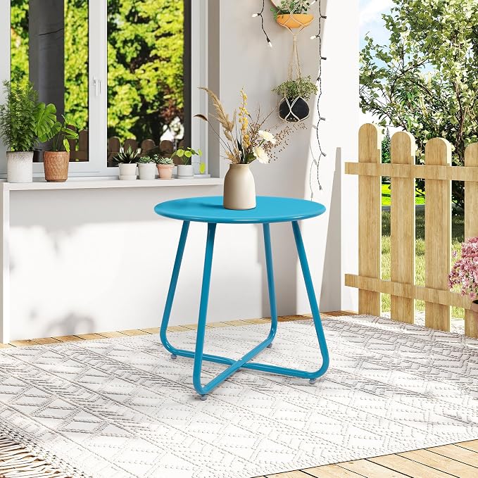 Patio Small Side Table Waterproof Round Metal Steel Weather Resistant Portable Outdoor and Indoor End Table for Garden Balcony Yard,Sky Blue