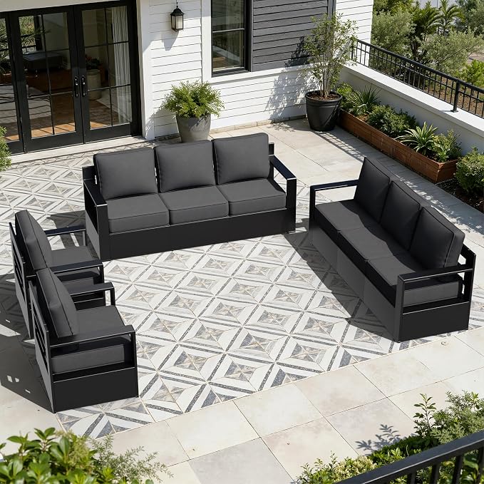 Outdoor Aluminum Furniture Set, 4-Piece Patio Conversation Set, 2 Swivel Chairs and 2 Sofa, All-Weather Metal Frame, 6" Thick Removable Cushions, Deep Setting for Garden, Poolside and Porch