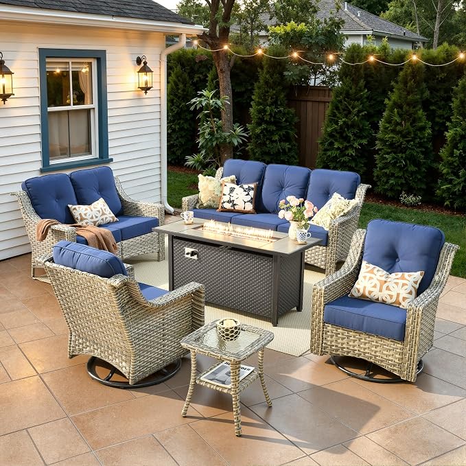6 Piece Patio Furniture Set with Fire Pit Table, Conversation Sets with High Back Swivel Rocker Chairs, Outdoor Wicker Sofa Loveseat with Comfy Cushion for Backyard Deck Garden, Navy Blue