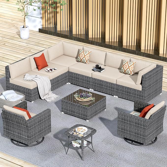 HOOOWOOO 10 Piece Patio Sectional Furniture Set with Swivel Rocking Chairs,Modern Wicker Outdoor Conversation Sofa Sets,Weather Resistant Modular L Shaped Outside Couch Set(Beige)