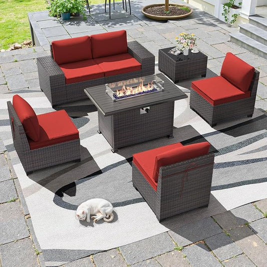 7 PCS Outdoor Patio Furniture Set,Outdoor Sectional Furniture with 43" 55000 BTU Gas Propane Fire Pit Table,All Weather PE Rattan Wicker Patio Conversation Set,Red