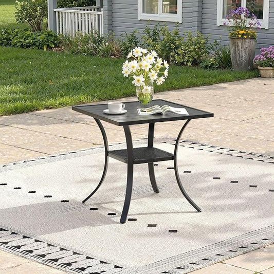 Outdoor Dining Table with Storage Shelf, 27.5" All-Weather Square Patio Dining Table for 2, Metal Patio Table for Garden Lawn Porch Deck Yard, Black