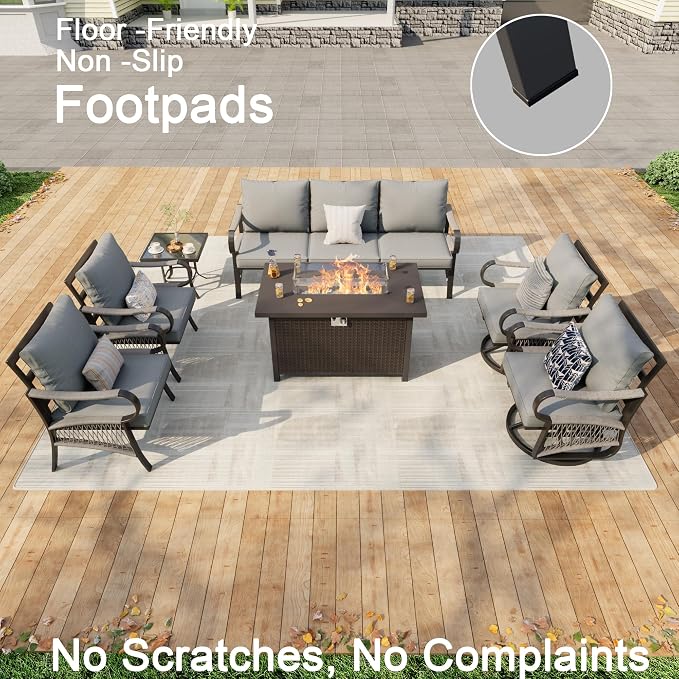7 Pieces Patio Furniture Set, Metal Outdoor Conversation Sets with Fire Pit Table and Swivel Chairs for Backyard Garden Deck Porch Poolside (Thick Gray Cushions)