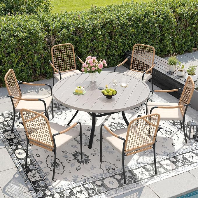 DIFY 7 Pieces Outdoor Dining Set for 6, 47.2" Round Dining Table with Umbrella Hole & Wicker Stackable Patio Chairs with Cushions, Metal Patio Table and Chairs Set for Backyard Porch, Grey Wood-Like