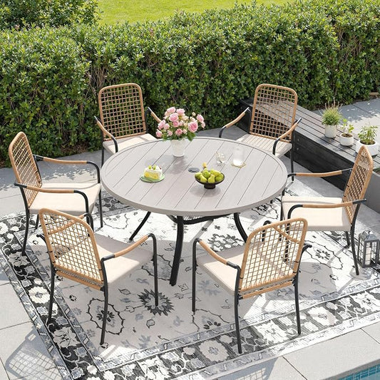 DIFY 7 Pieces Outdoor Dining Set for 6, 47.2" Round Dining Table with Umbrella Hole & Wicker Stackable Patio Chairs with Cushions, Metal Patio Table and Chairs Set for Backyard Porch, Grey Wood-Like