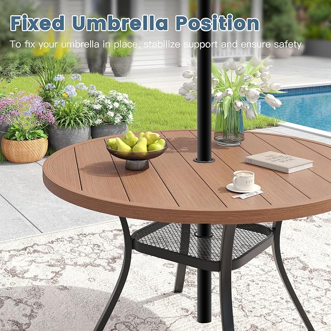 DIFY 7 Piece Outdoor Dining Set, Patio Table and Chairs Set for 6 with Umbrella Hole, 47.2" Walnut Round Dining Table & Stackable Wicker Patio Chairs, Metal Patio Furniture Set for Garden Backyard