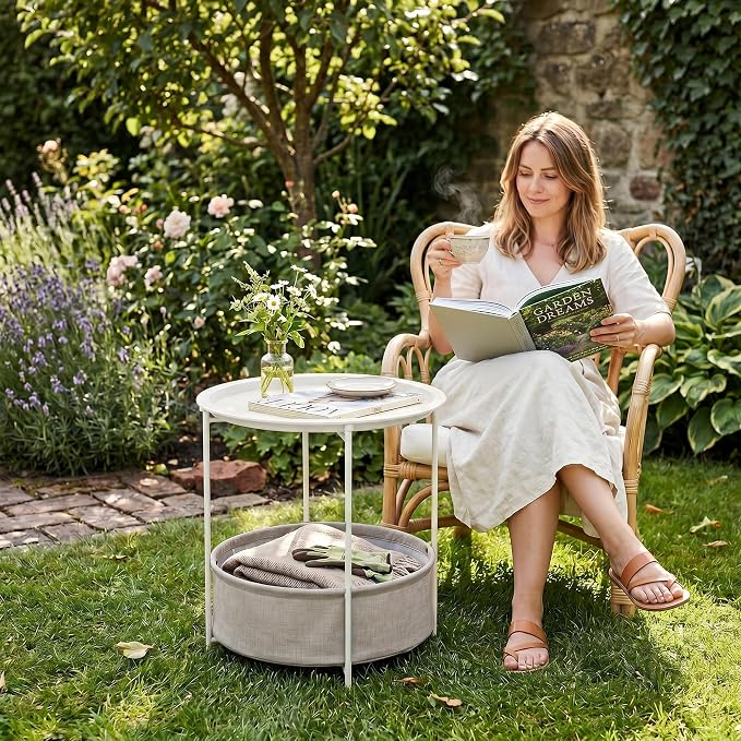 VECELO Round Side/End Table with Fabric Storage Basket，Metal Anti-Rust and Waterproof Small Bedside Nightstand with Removable Tray Top for Living Room，Balcony & Laundry，Beige/2pcs with Basket