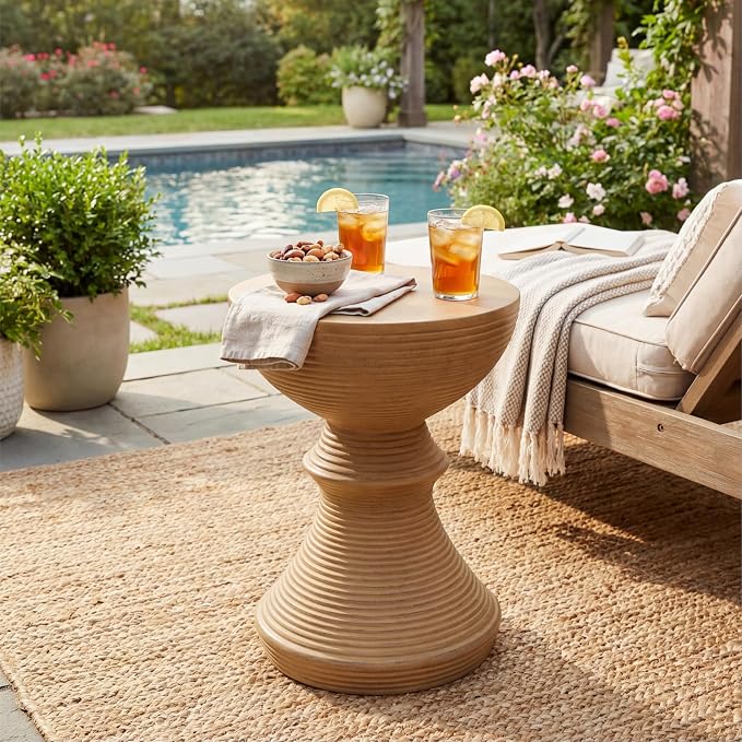 Outdoor Side Table Patio End Table Hourglass Side Table Ribbed Concrete End Tables Small Coffee Tables, Garden Stool Plant Stand Tables for Porch, Backyard,16", Natural